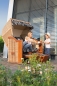 Preview: Gartenstrandkorb Classic-Teak Halbliegemodell, 2-Sitzer, PE-Kunststoff -Rundgeflecht Rattanoptik Stoff -Dessin: Paros