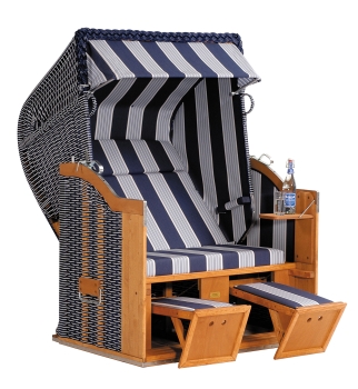 Gartenstrandkorb Classic Halbliegemodell, 2-Sitzer, PVC-Kunststoffgeflecht blau mit weißen Nadelstreifen Stoff-Dessin: 118