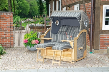 Gartenstrandkorb Rustikal 500 Plus Teak Comfort Geflecht basalt-grau Stoff 1232