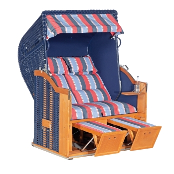 Gartenstrandkorb Classic Halbliegemodell, 2-Sitzer, PVC-Kunststoffgeflecht blau Stoff-Dessin Turin Royo