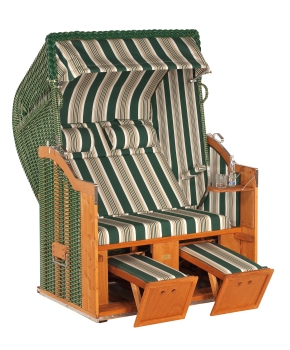 Gartenstrandkorb Classic Halbliegemodell, 2-Sitzer, PVC-Kunststoffgeflecht grün mit beigen Nadelstreifen Stoff-Dessin: 14